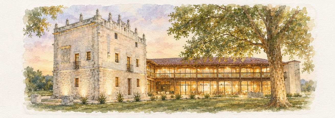 Ilustración en acuarela del Palacio de Mijares al atardecer, con la torre de piedra, el pórtico acristalado iluminado y un gran árbol junto a la fachada