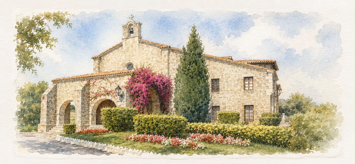 Ilustración en acuarela del Santuario de La Barquera, una ermita de piedra con espadaña, buganvilla en flor y un ciprés junto a la entrada